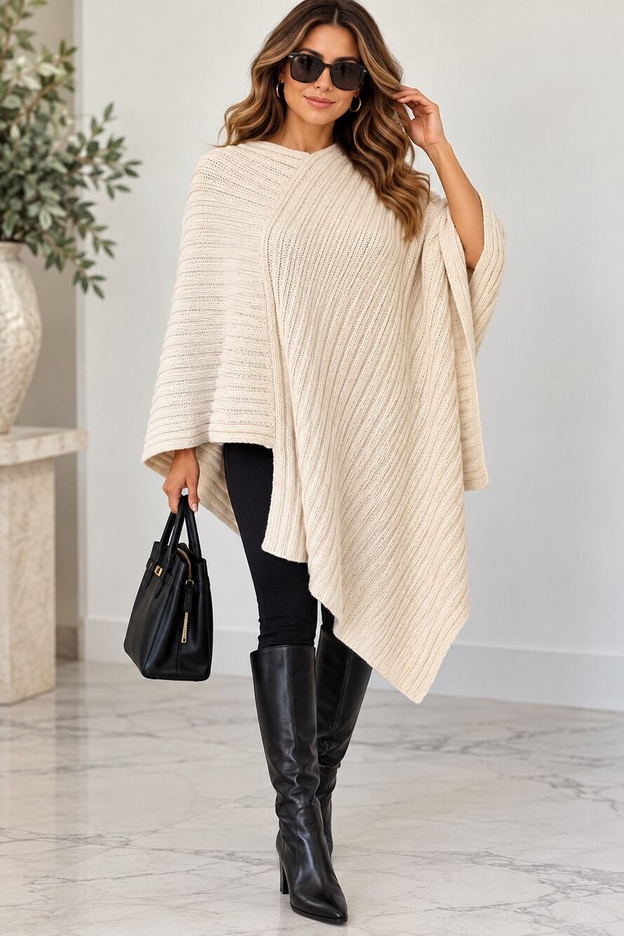 Zara Women’s L Cream Asymmetric Ribbed Knit Poncho Cape Wool Blend Oversized